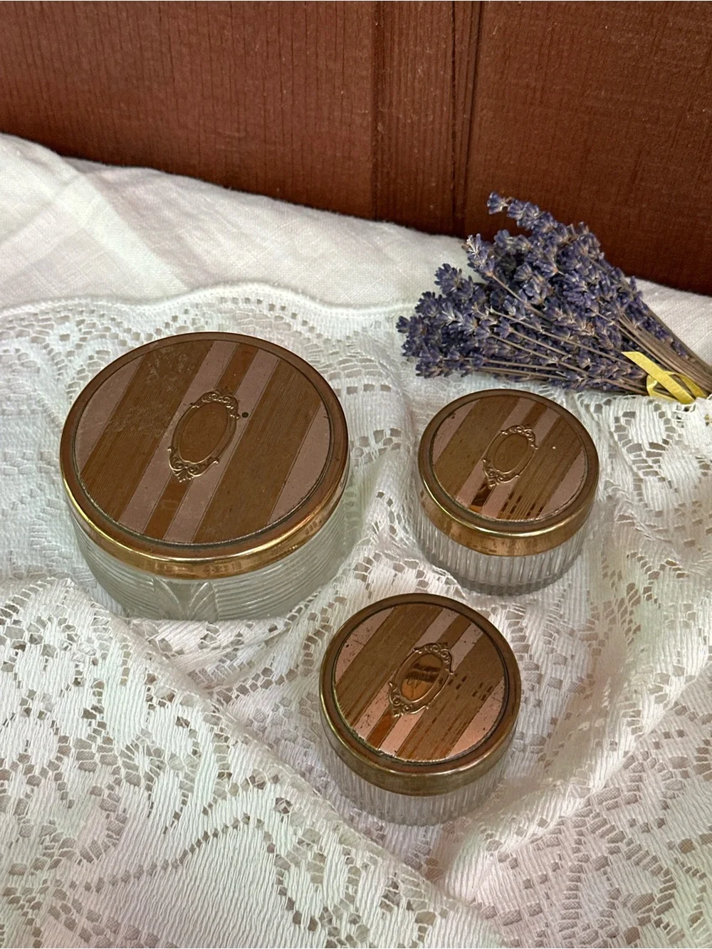 3-Piece Ribbed Clear Glass Vanity Powder Jar Set w/ Gold Tone Metal Lids